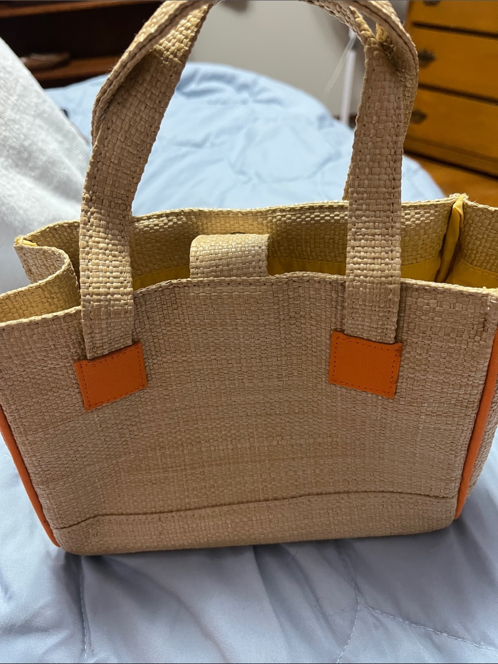 Woven Straw Tote Bag with Orange Accents
